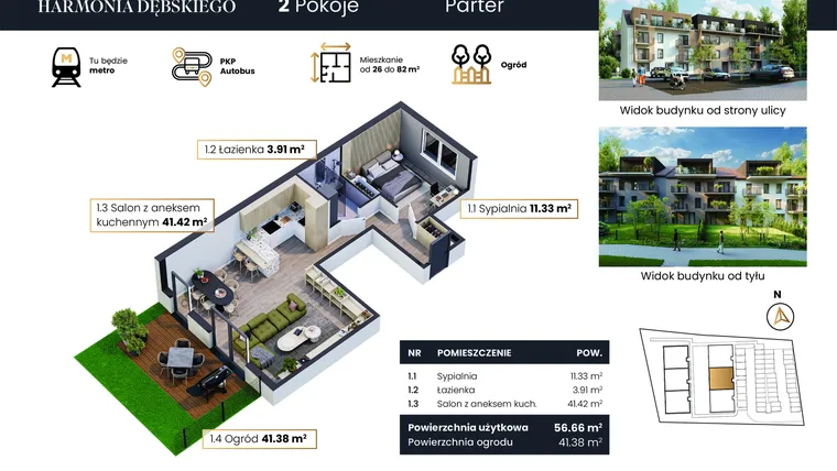 Rzut - Mieszkanie na sprzedaż 3 pokoje o powierzchni 56,66 m² - numer M2/1 w Harmonia Dębskiego