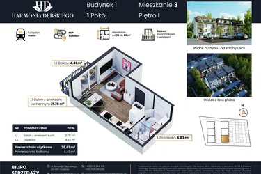 Rzut - Mieszkanie na sprzedaż 1 pokój o powierzchni 26,61 m² - numer M1/3 w Harmonia Dębskiego