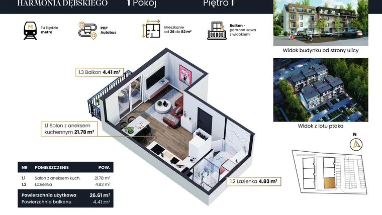 Rzut - Mieszkanie na sprzedaż 1 pokój o powierzchni 26,61 m² - numer M1/3 w Harmonia Dębskiego