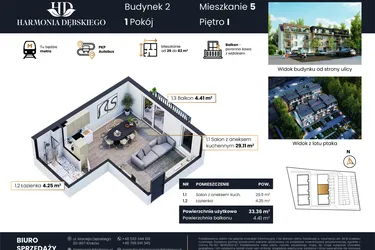 Rzut - Mieszkanie na sprzedaż 2 pokoje o powierzchni 33,36 m² - numer M2/5 w Harmonia Dębskiego