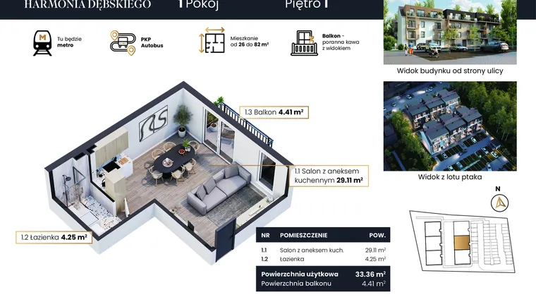 Rzut - Mieszkanie na sprzedaż 2 pokoje o powierzchni 33,36 m² - numer M2/5 w Harmonia Dębskiego