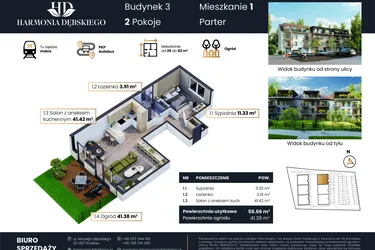 Rzut - Mieszkanie na sprzedaż 3 pokoje o powierzchni 56,66 m² - numer M3/1 w Harmonia Dębskiego