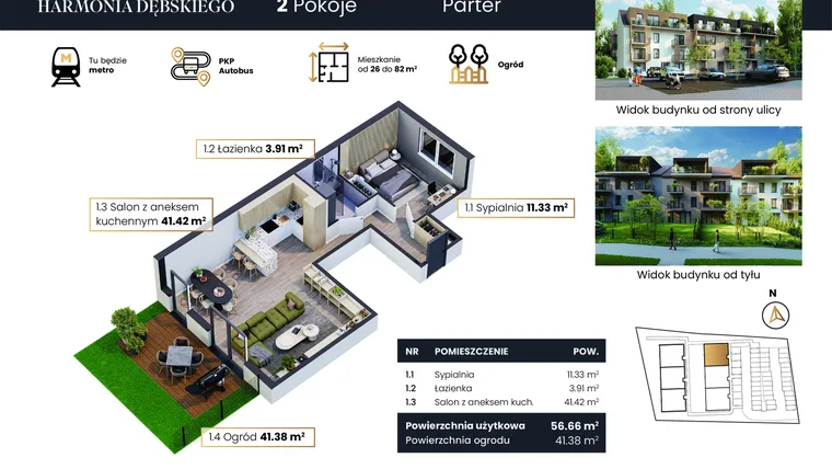 Rzut - Mieszkanie na sprzedaż 3 pokoje o powierzchni 56,66 m² - numer M3/1 w Harmonia Dębskiego
