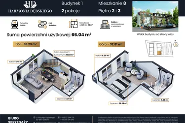 Rzut - Mieszkanie na sprzedaż 2 pokoje o powierzchni 66,04 m² - numer M1/8 w Harmonia Dębskiego