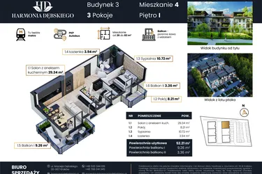 Rzut - Mieszkanie na sprzedaż 3 pokoje o powierzchni 52,21 m² - numer M3/4 w Harmonia Dębskiego