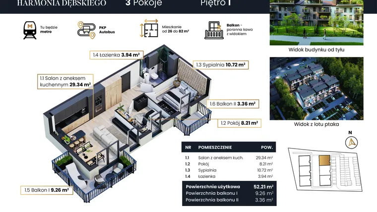 Rzut - Mieszkanie na sprzedaż 3 pokoje o powierzchni 52,21 m² - numer M3/4 w Harmonia Dębskiego
