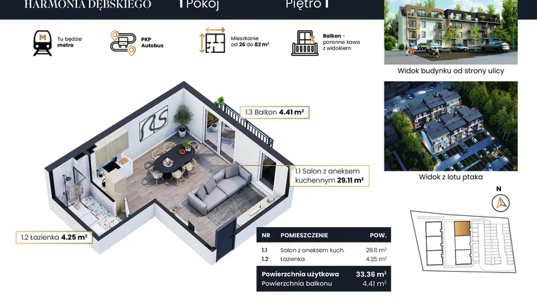 Rzut - Mieszkanie na sprzedaż 2 pokoje o powierzchni 33,36 m² - numer M3/5 w Harmonia Dębskiego