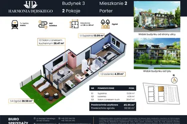 Rzut - Mieszkanie na sprzedaż 2 pokoje o powierzchni 45,95 m² - numer M3/2 w Harmonia Dębskiego
