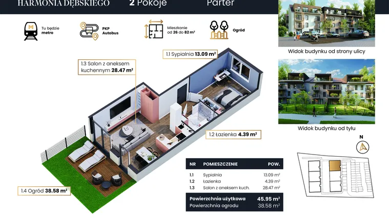 Rzut - Mieszkanie na sprzedaż 2 pokoje o powierzchni 45,95 m² - numer M3/2 w Harmonia Dębskiego