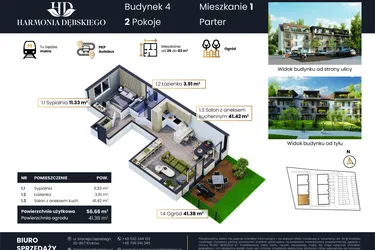 Rzut - Mieszkanie na sprzedaż 3 pokoje o powierzchni 56,66 m² - numer M4/1 w Harmonia Dębskiego