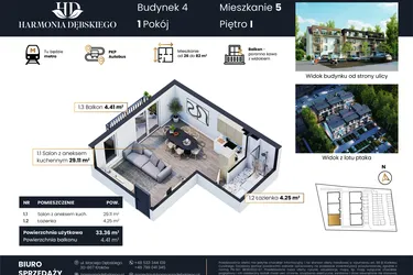 Rzut - Mieszkanie na sprzedaż 2 pokoje o powierzchni 33,36 m² - numer M4/5 w Harmonia Dębskiego