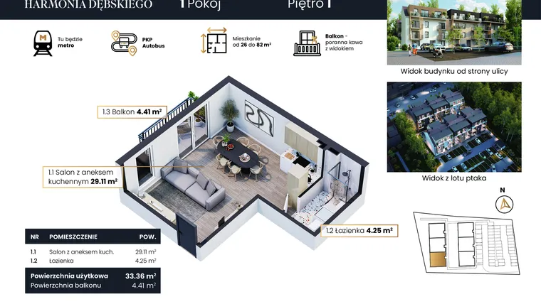 Rzut - Mieszkanie na sprzedaż 2 pokoje o powierzchni 33,36 m² - numer M4/5 w Harmonia Dębskiego