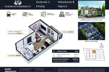 Rzut - Mieszkanie na sprzedaż 1 pokój o powierzchni 26,61 m² - numer M3/3 w Harmonia Dębskiego