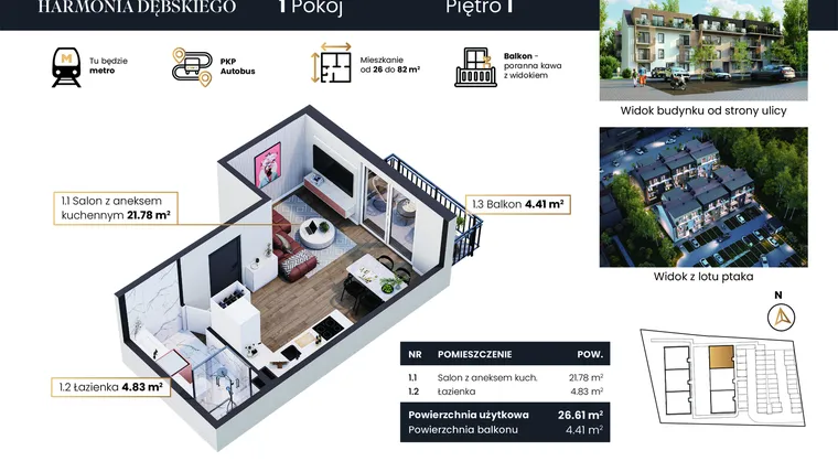 Rzut - Mieszkanie na sprzedaż 1 pokój o powierzchni 26,61 m² - numer M3/3 w Harmonia Dębskiego
