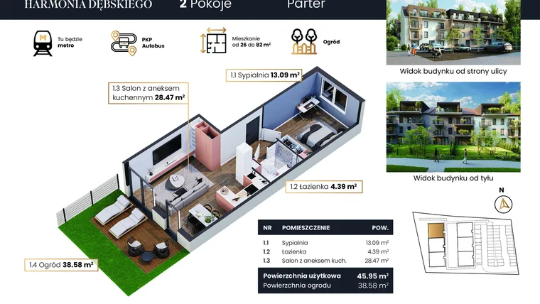 Rzut - Mieszkanie na sprzedaż 2 pokoje o powierzchni 45,95 m² - numer M6/2 w Harmonia Dębskiego