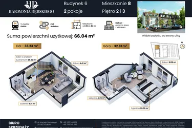Rzut - Mieszkanie na sprzedaż 2 pokoje o powierzchni 66,04 m² - numer M6/8 w Harmonia Dębskiego