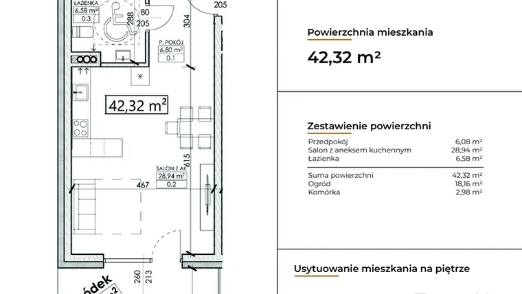 Rzut - Mieszkanie na sprzedaż 1 pokój o powierzchni 43,32 m² - numer D3 w Słowackiego 44