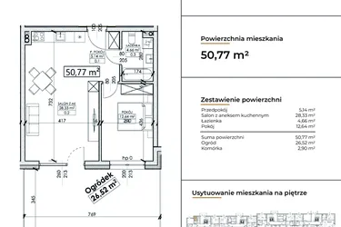 Rzut - Mieszkanie na sprzedaż 2 pokoje o powierzchni 50,77 m² - numer D2 w Słowackiego 44