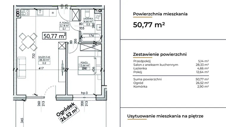 Rzut - Mieszkanie na sprzedaż 2 pokoje o powierzchni 50,77 m² - numer D2 w Słowackiego 44