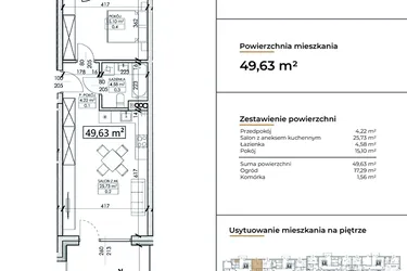 Rzut - Mieszkanie na sprzedaż 2 pokoje o powierzchni 49,63 m² - numer D1 w Słowackiego 44