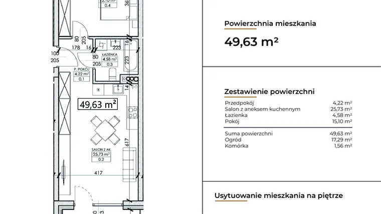 Rzut - Mieszkanie na sprzedaż 2 pokoje o powierzchni 49,63 m² - numer D1 w Słowackiego 44