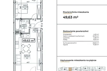 Rzut - Mieszkanie na sprzedaż 2 pokoje o powierzchni 49,63 m² - numer D16 w Słowackiego 44