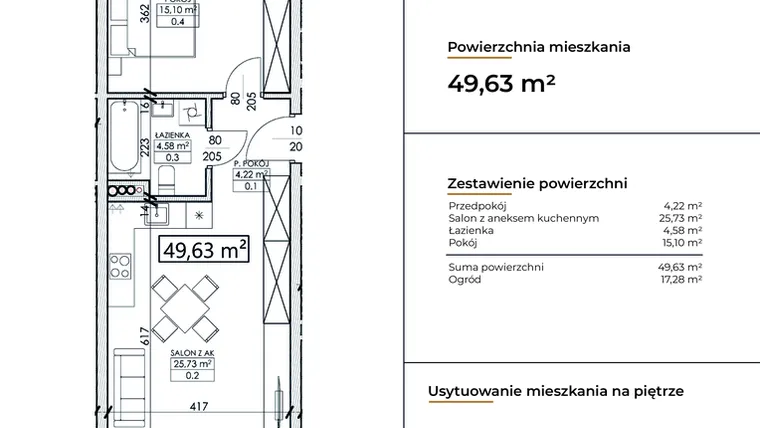 Rzut - Mieszkanie na sprzedaż 2 pokoje o powierzchni 49,63 m² - numer D16 w Słowackiego 44