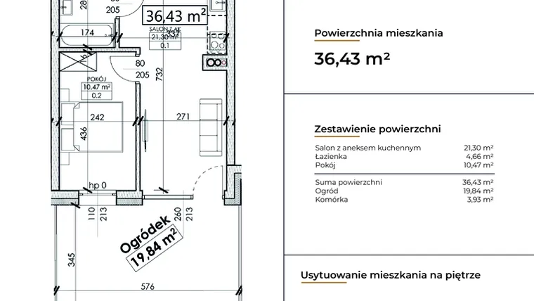 Rzut - Mieszkanie na sprzedaż 2 pokoje o powierzchni 36,43 m² - numer D14 w Słowackiego 44