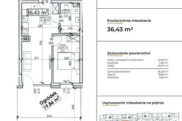 Rzut - Mieszkanie na sprzedaż 2 pokoje o powierzchni 36,43 m² - numer D15 w Słowackiego 44