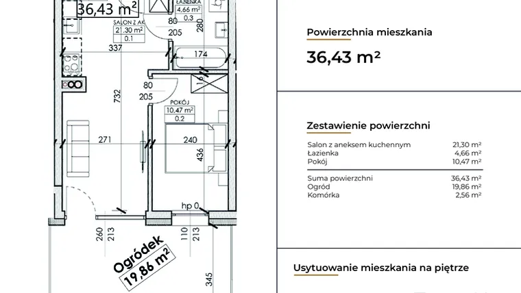 Rzut - Mieszkanie na sprzedaż 2 pokoje o powierzchni 36,43 m² - numer D15 w Słowackiego 44