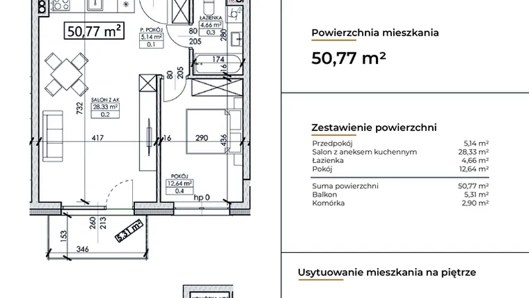 Rzut - Mieszkanie na sprzedaż 2 pokoje o powierzchni 50,77 m² - numer D5 w Słowackiego 44
