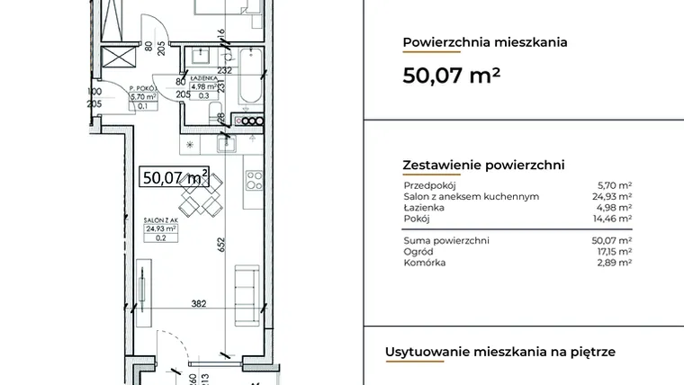 Rzut - Mieszkanie na sprzedaż 2 pokoje o powierzchni 50,07 m² - numer D13 w Słowackiego 44