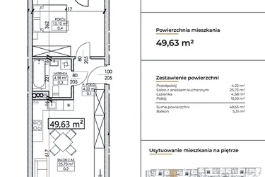 Rzut - Mieszkanie na sprzedaż 2 pokoje o powierzchni 49,63 m² - numer D20 w Słowackiego 44