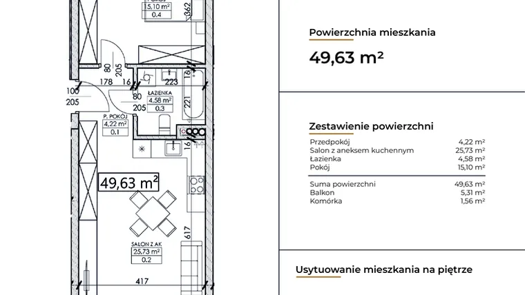 Rzut - Mieszkanie na sprzedaż 2 pokoje o powierzchni 49,63 m² - numer D4 w Słowackiego 44
