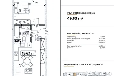 Rzut - Mieszkanie na sprzedaż 2 pokoje o powierzchni 49,63 m² - numer D24 w Słowackiego 44