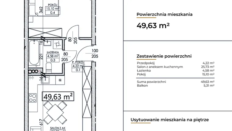 Rzut - Mieszkanie na sprzedaż 2 pokoje o powierzchni 49,63 m² - numer D24 w Słowackiego 44