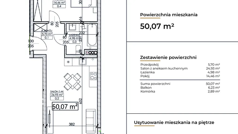 Rzut - Mieszkanie na sprzedaż 2 pokoje o powierzchni 50,07 m² - numer D21 w Słowackiego 44