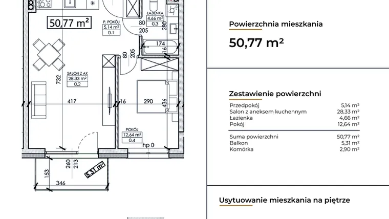 Rzut - Mieszkanie na sprzedaż 2 pokoje o powierzchni 50,77 m² - numer D11 w Słowackiego 44