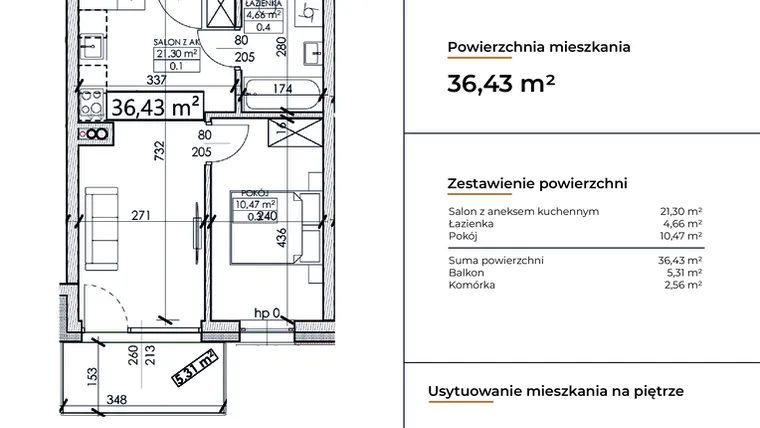 Rzut - Mieszkanie na sprzedaż 2 pokoje o powierzchni 36,43 m² - numer D19 w Słowackiego 44