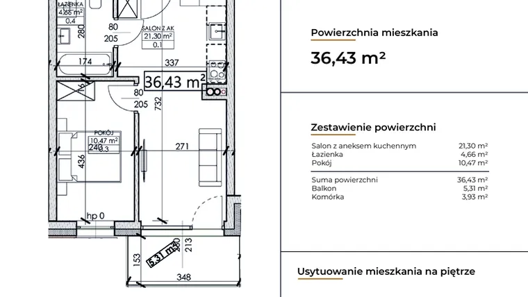 Rzut - Mieszkanie na sprzedaż 2 pokoje o powierzchni 36,43 m² - numer D26 w Słowackiego 44