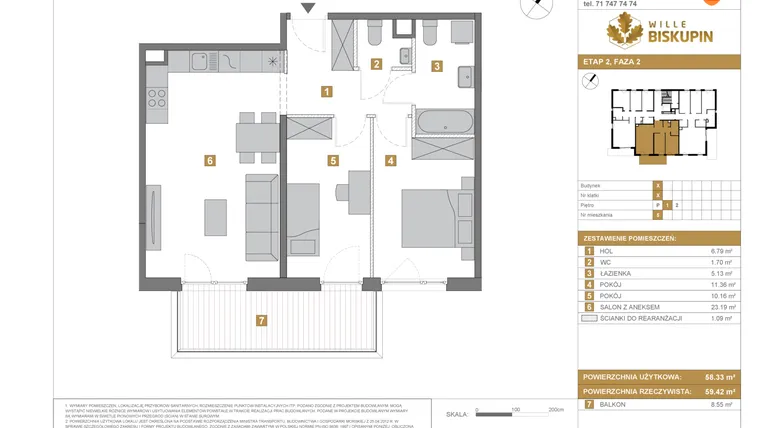 Rzut - Mieszkanie na sprzedaż 3 pokoje o powierzchni 58,33 m² - numer X/5 w Wille Biskupin Etap 2.2