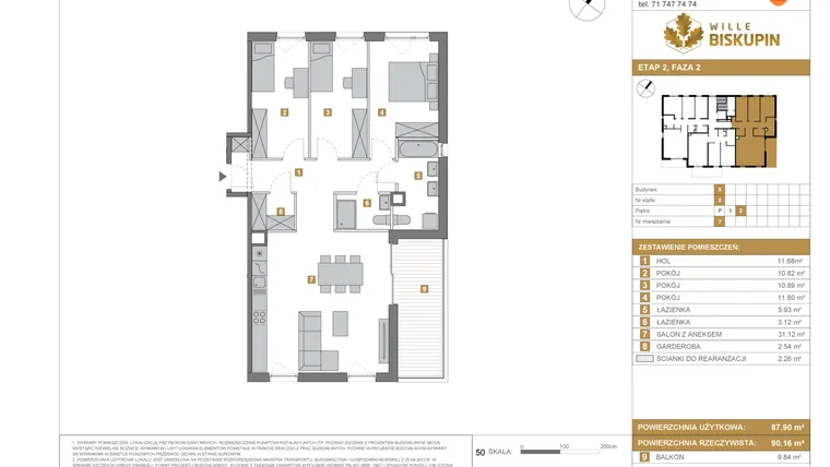 Rzut - Mieszkanie na sprzedaż 4 pokoje o powierzchni 87,9 m² - numer X/7 w Wille Biskupin Etap 2.2