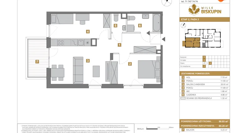 Rzut - Mieszkanie na sprzedaż 3 pokoje o powierzchni 58,93 m² - numer Y/7 w Wille Biskupin Etap 2.2