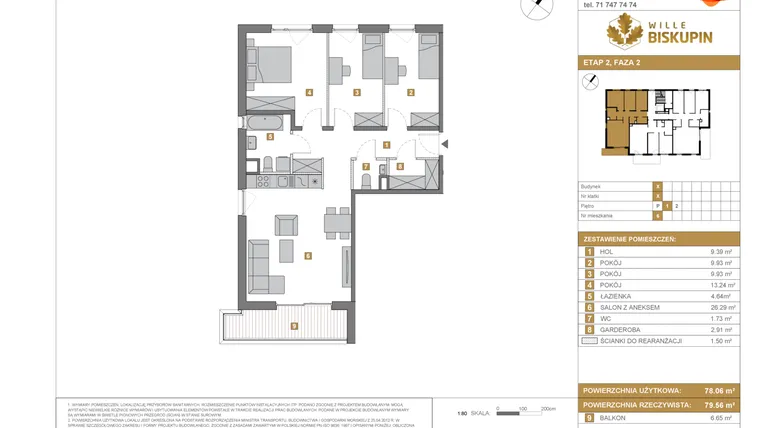 Rzut - Mieszkanie na sprzedaż 4 pokoje o powierzchni 78,06 m² - numer X/6 w Wille Biskupin Etap 2.2