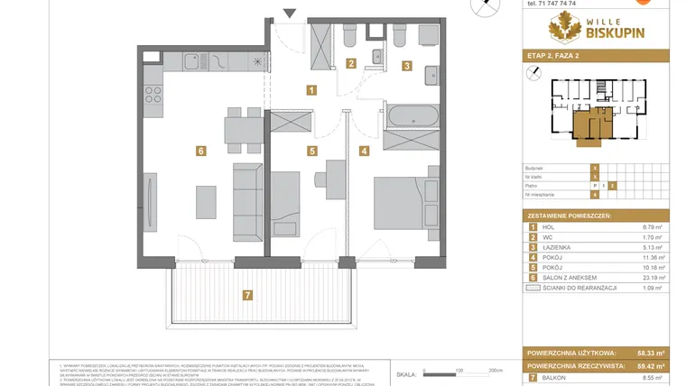Rzut - Mieszkanie na sprzedaż 3 pokoje o powierzchni 58,33 m² - numer X/8 w Wille Biskupin Etap 2.2