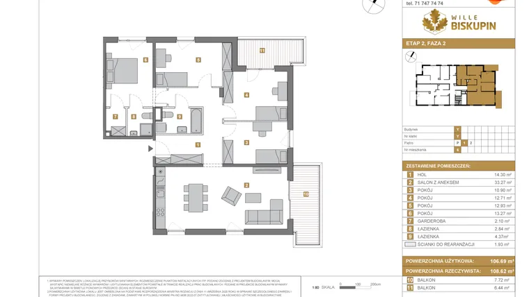 Rzut - Mieszkanie na sprzedaż 5 pokoi o powierzchni 106,69 m² - numer Y/6 w Wille Biskupin Etap 2.2