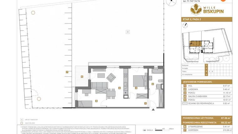 Rzut - Mieszkanie na sprzedaż 3 pokoje o powierzchni 57,39 m² - numer Y/2 w Wille Biskupin Etap 2.2