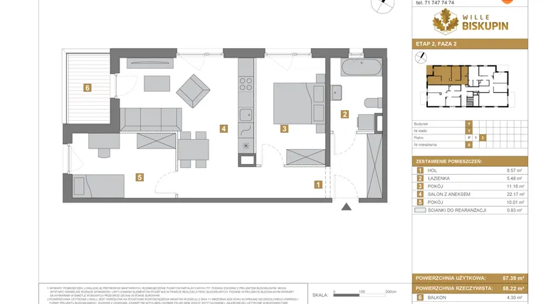 Rzut - Mieszkanie na sprzedaż 3 pokoje o powierzchni 57,39 m² - numer Y/8 w Wille Biskupin Etap 2.2