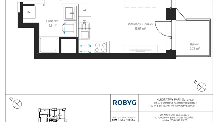 Rzut - Mieszkanie na sprzedaż 1 pokój o powierzchni 26,38 m² - numer A1/3M07 w Sky Point - Apartamenty Inwestycyjne