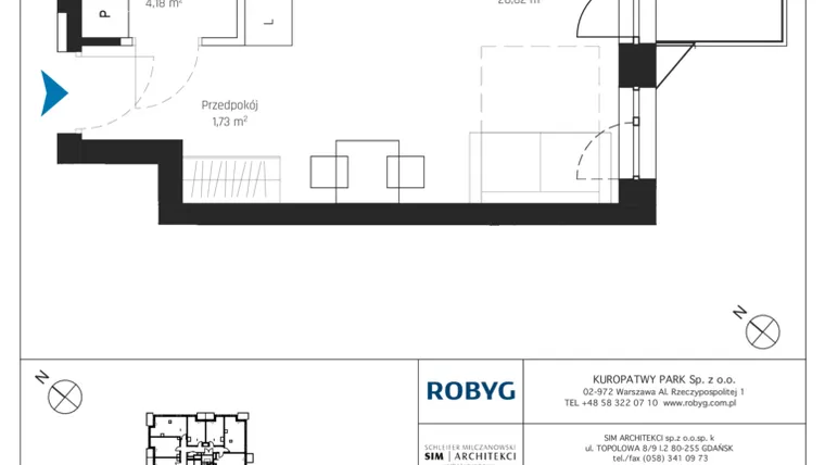 Rzut - Mieszkanie na sprzedaż 1 pokój o powierzchni 26,72 m² - numer A1/2M08 w Sky Point - Apartamenty Inwestycyjne